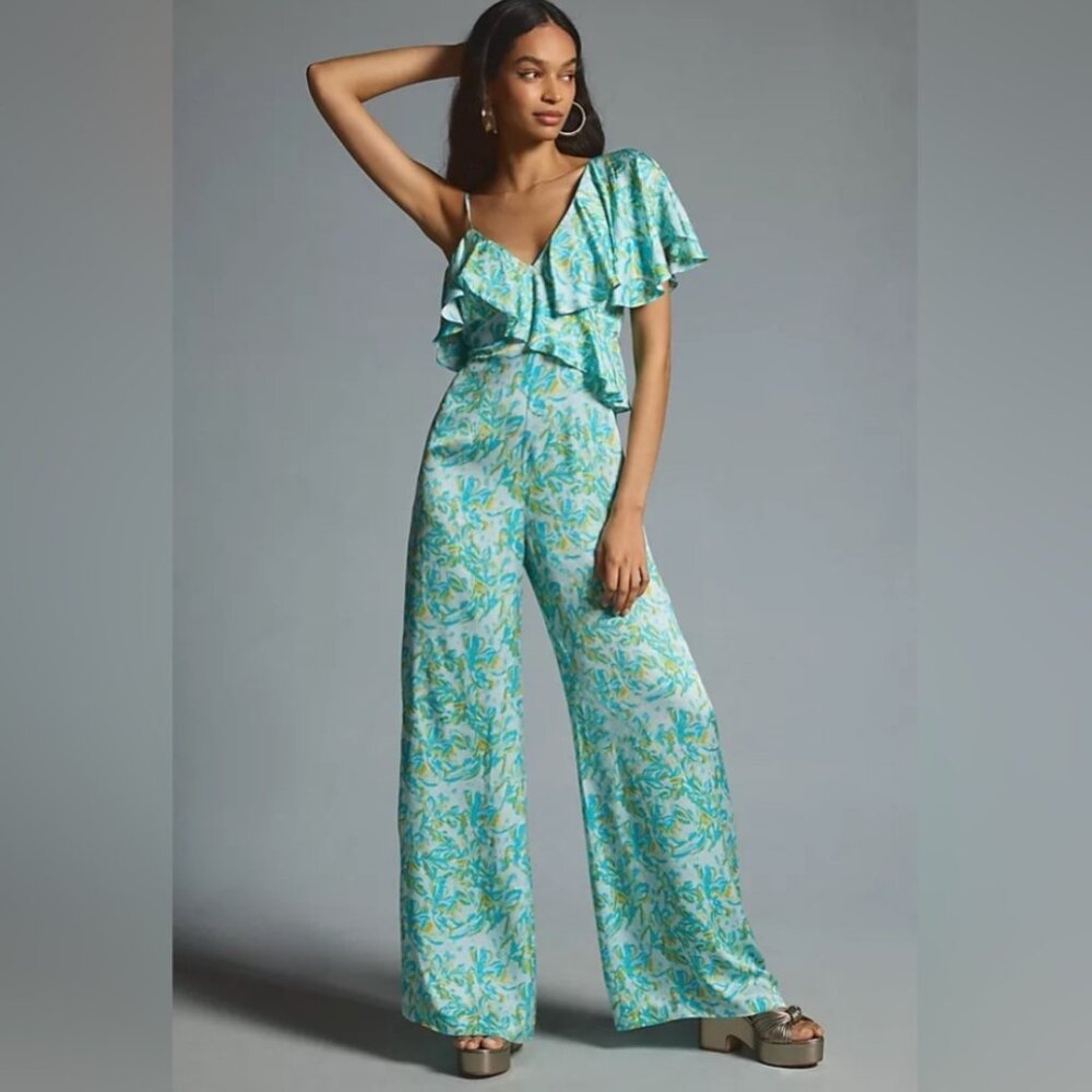 NWT ANTHROPOLOGIE Corey Lynn Calter Silky Ruffle Wide-Leg Jumpsuit M